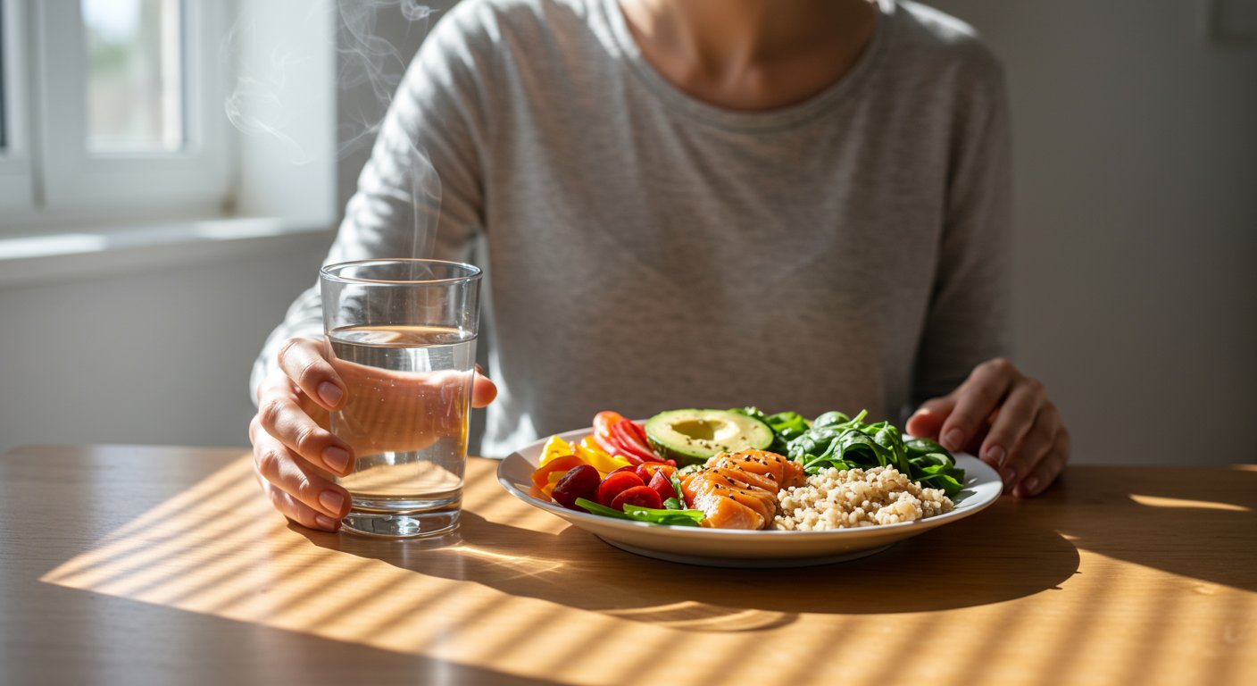 健康的な食事と水を飲む女性