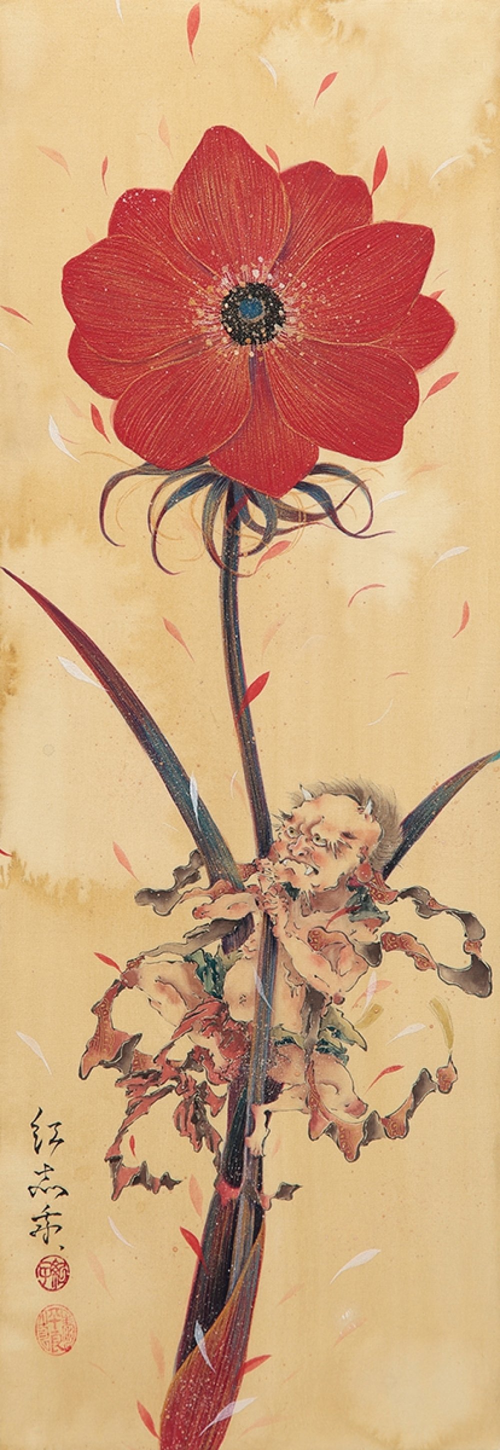 美品 平尾秀明「早春」日本画 肉筆画 共シール有 ジョウビタキ