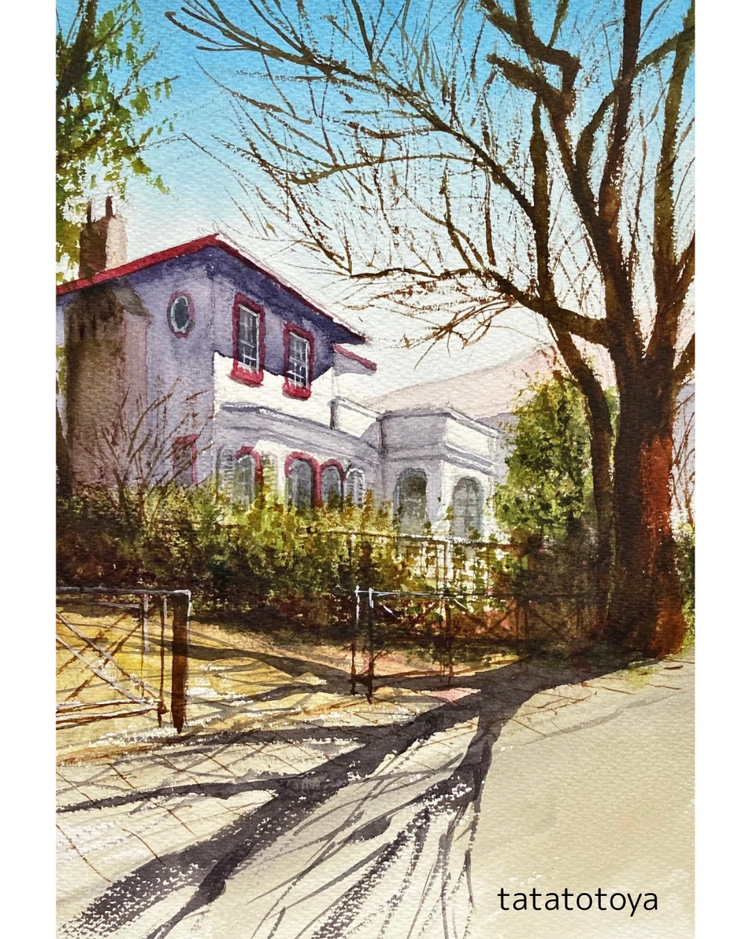 水彩画112】えの木てい、横浜山手、西洋館巡りの途中｜tatatotoya