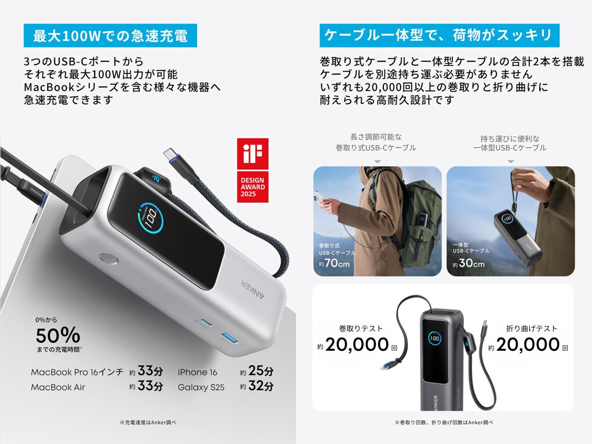 【新品】Anker Power Bank 25000mAh 巻取り式 USB-C Anker Power Bank (25000mAh, Built-In & 巻取り式USB-Cケーブル