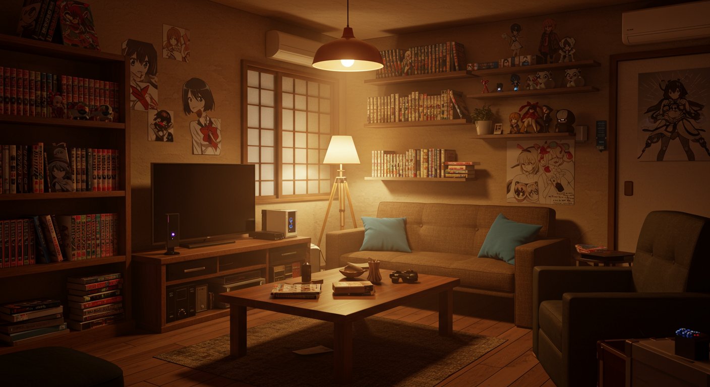 オタク趣味のアイテムが並ぶ部屋でくつろぐカップル