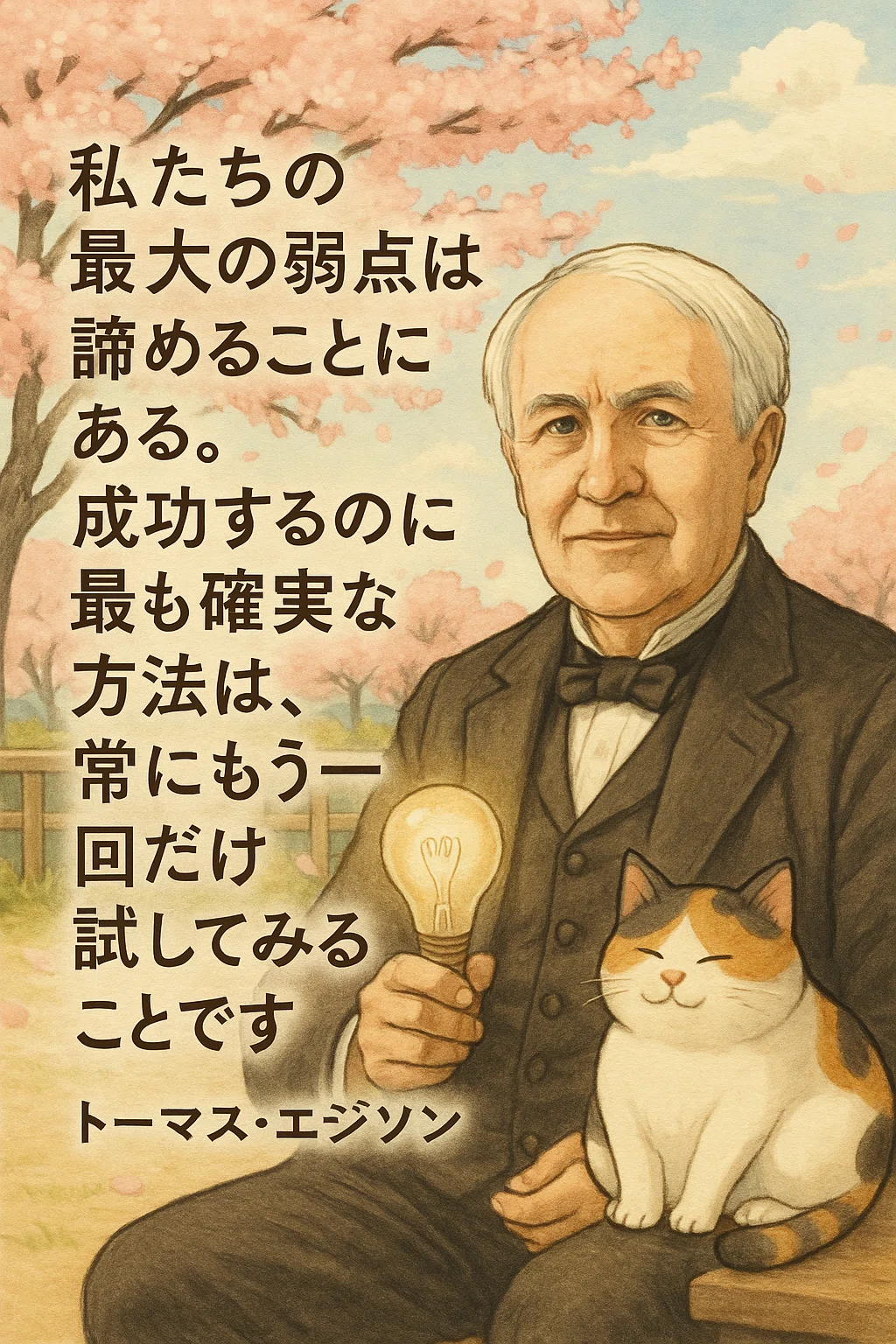 今日投稿した『トーマス・エジソンの「名言・格言」』の意味とその画像をChatGPTで作ってもらいました。 |フーテンのくま