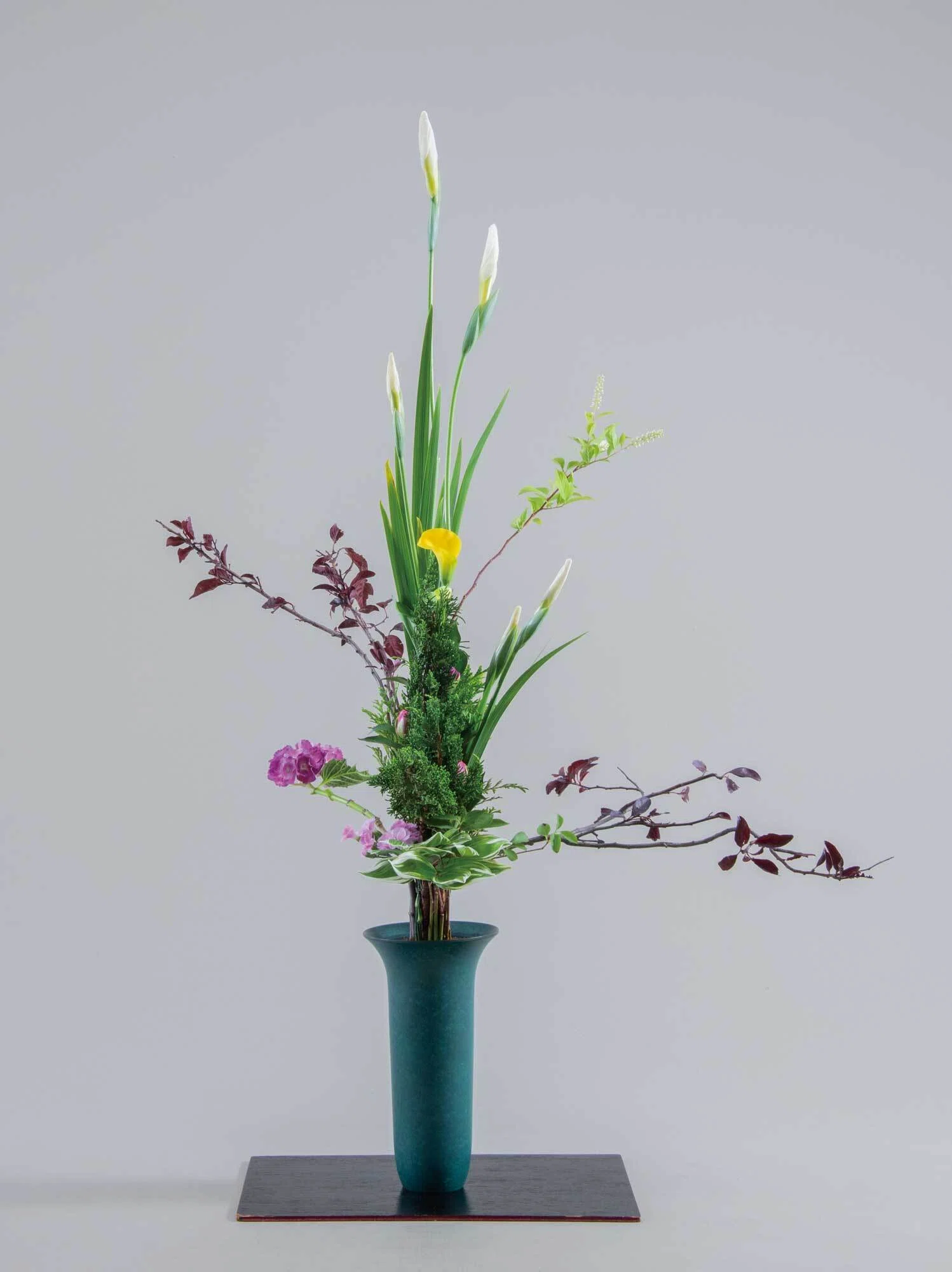 華道 置き月 龍生派 華泉好 箱・敷板付 立華＝花菖蒲を伸びやかに用いて／生花=かきつばたに太藺を合わせた