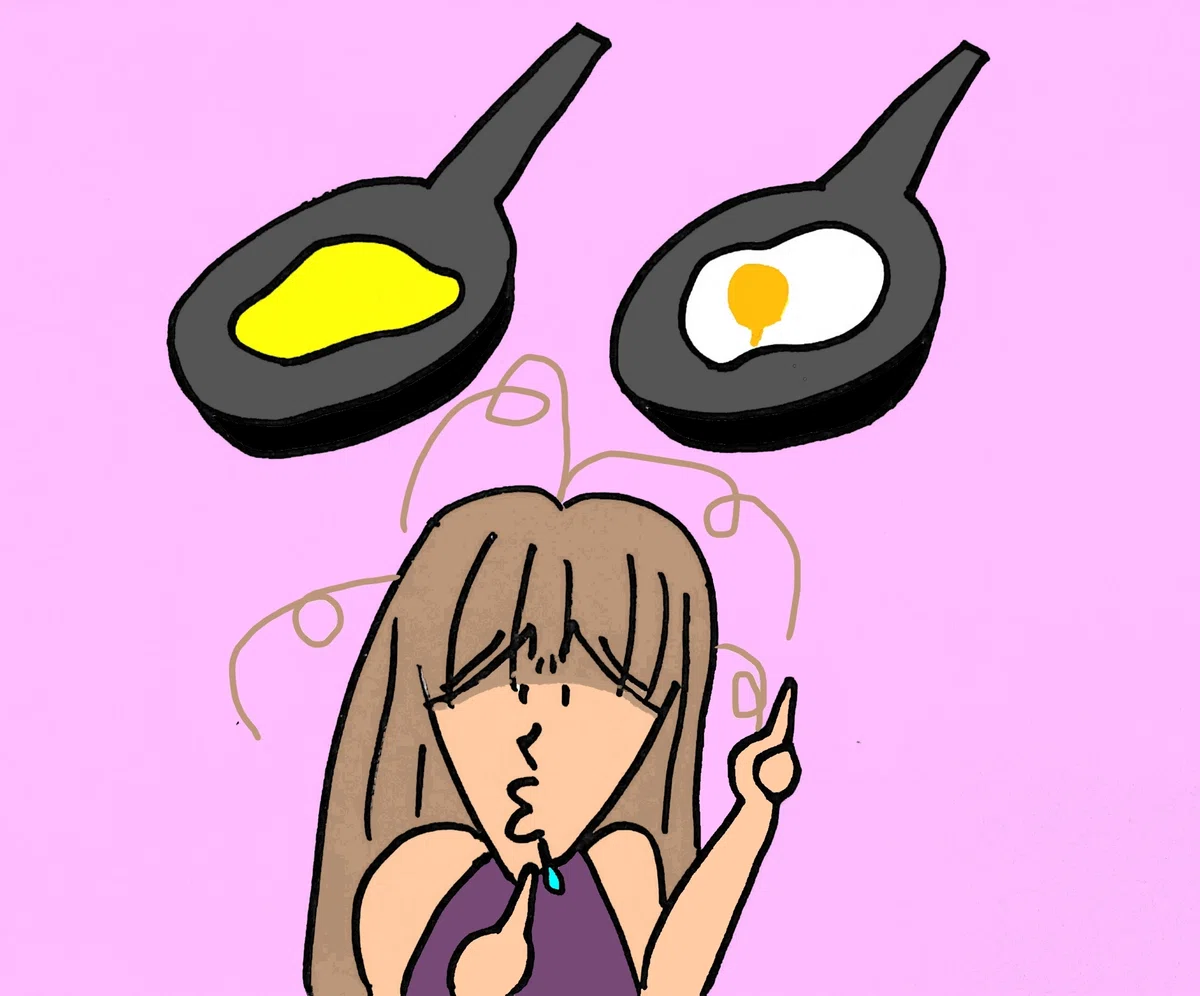 それぞれオムレツと目玉焼きを焼いた二つのフライパンを思い浮かべる女の子