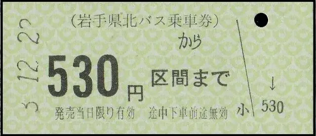 硬券0187 岩手県北自動車－1｜バス船舶硬券切符研究会