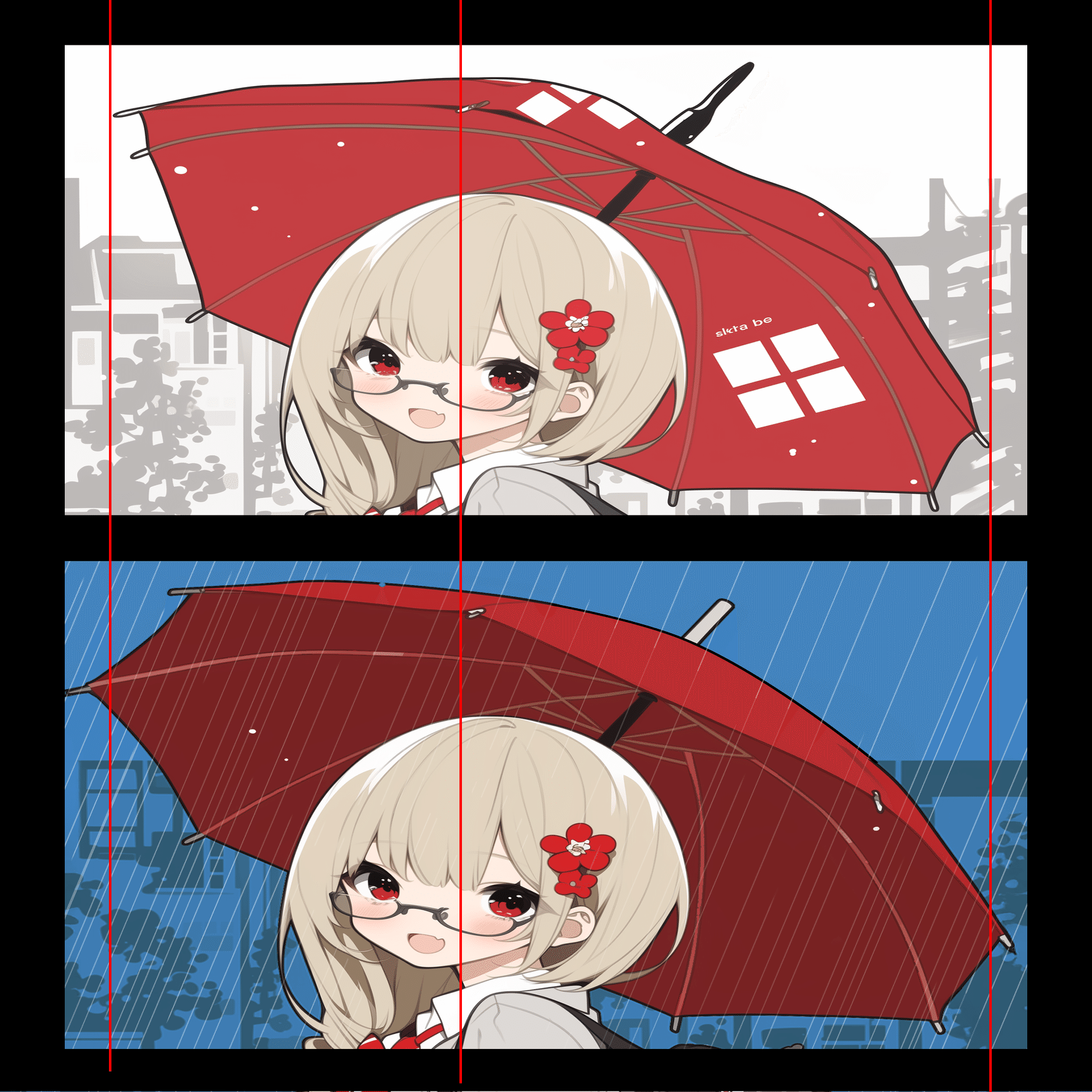 赤い傘を差したギャルを大雨の中に立たせる【今日のイラスト