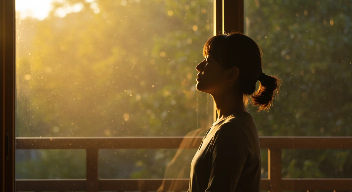 朝日を浴びながら深呼吸をする様子