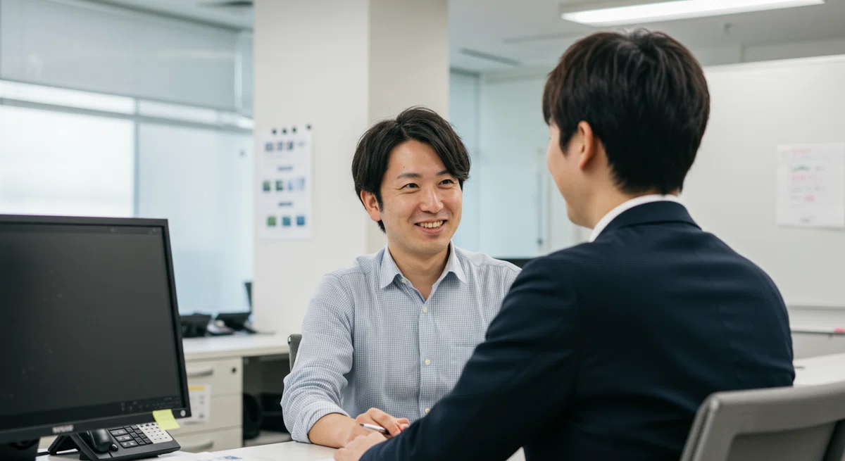 職場で真剣に相手の話を聴いている様子