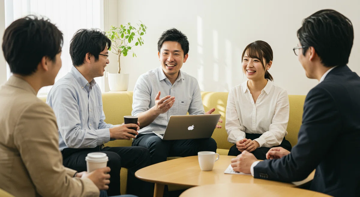 休憩時間に自然な会話を楽しむ同僚たち