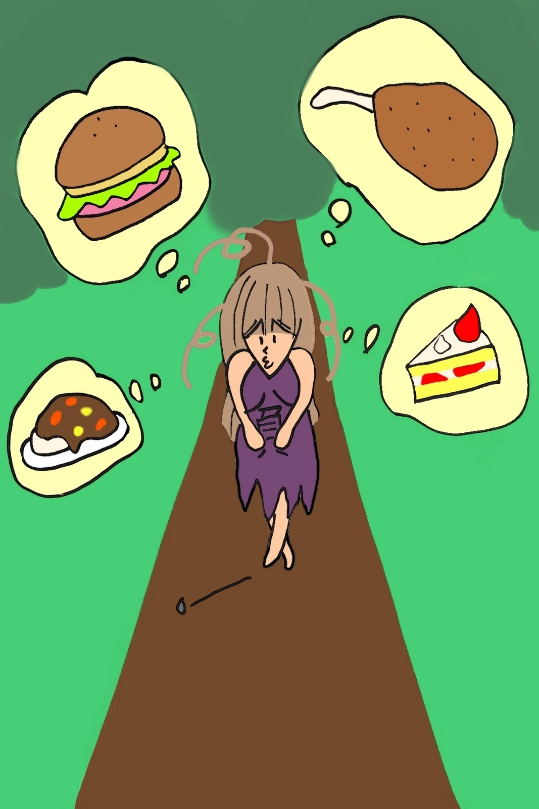 色々な食べ物を思い浮かべながらとぼとぼ歩く貧乏そうな女の子