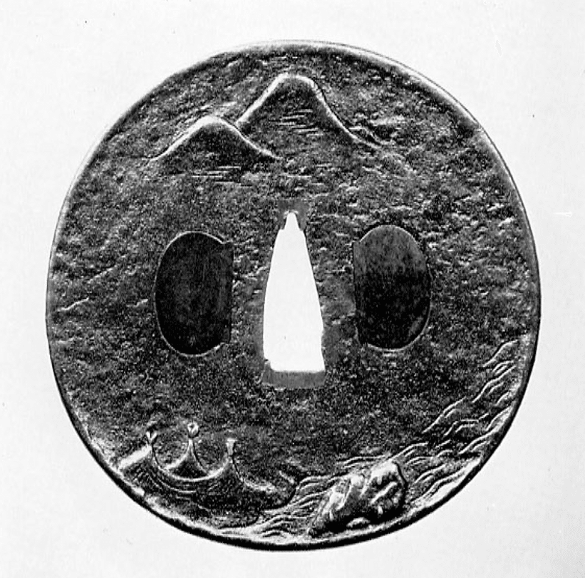 【海】江戸明治金工　長手猿図　金目　手彫　目貫一体　銅製鍍金　骨董品　箱付 A rare parcel-gilt silver tripod vessel and cover Tang