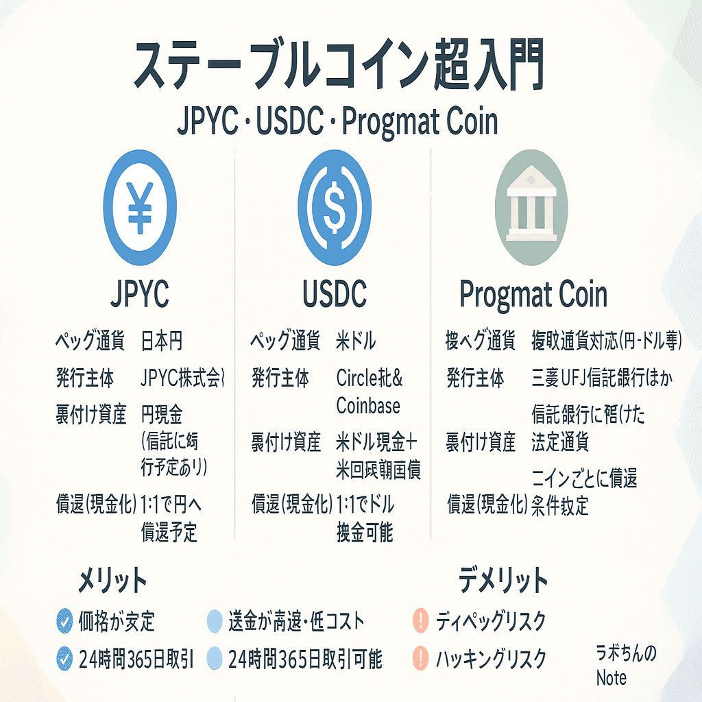 ステーブルコイン超入門】 2025年最新版 ── JPYC・USDC・Progmat Coinを安全に使いこなす｜仮想通貨エアドロップラボ
