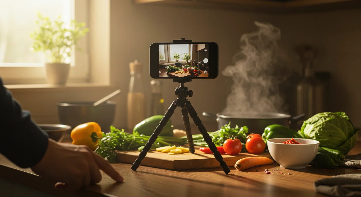 キッチンでスマートフォンを使って料理動画を撮影する様子