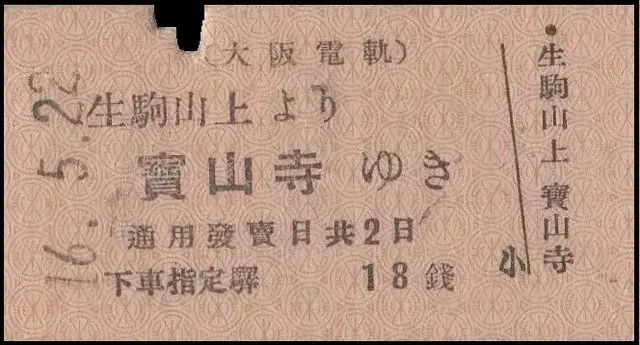 硬券0189 生駒ケーブル｜バス船舶硬券切符研究会