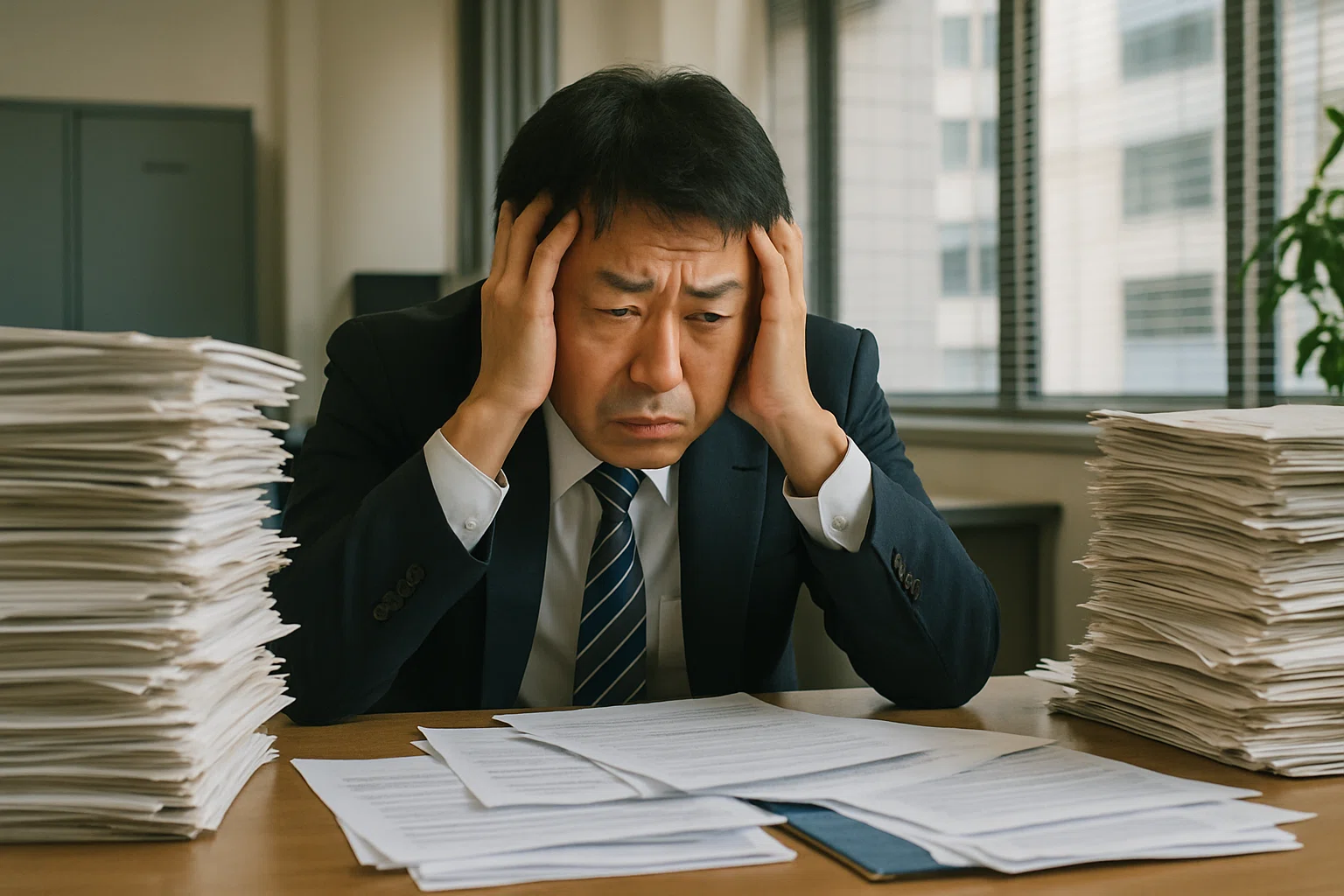 大量の書類を前に困る人