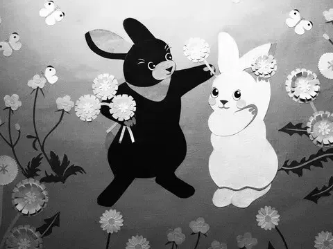 モノクロ原画 兎＊キノコ＊星花 しろいうさぎとくろいうさぎ 1958｜Hiroshi Kamitaka