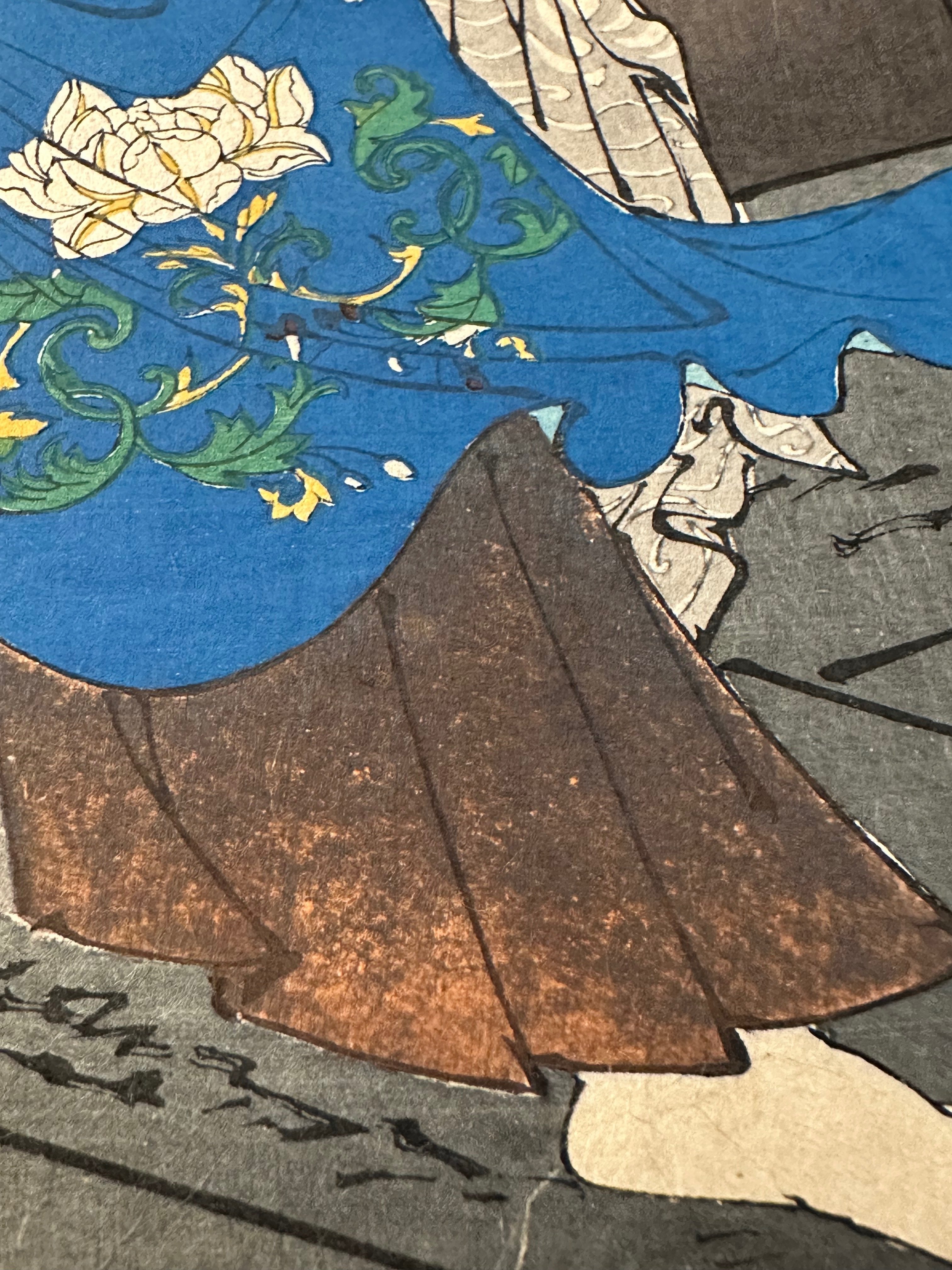 アンティーク　紙　木版(浮世絵) 35.5×24.5cm版上に落款有 木版画 渓斎英泉【炬燵の中】昭和期 復刻版 本物保証 □ 浮世絵