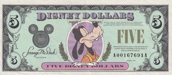 初めてのDダラー】ミッキー生誕65周年1993年版ディズニーダラーの紙幣