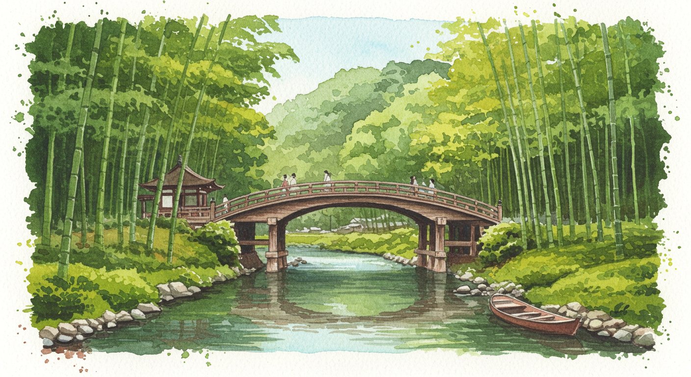 翠の渓谷：嵐山水彩画｜artmakers