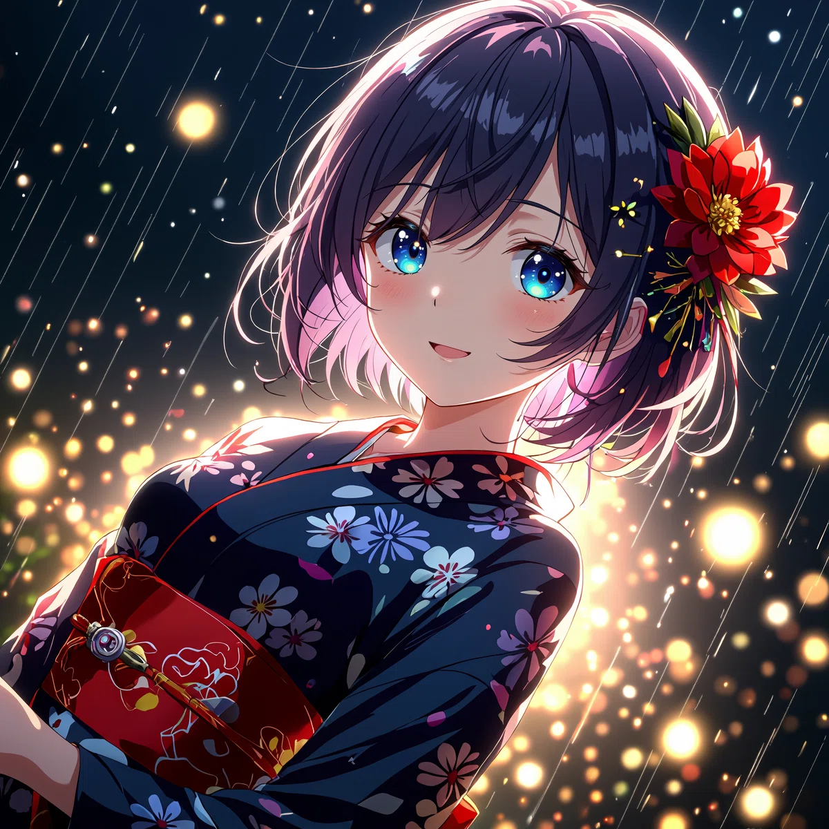 an animated female character with purple hair and blue eyes wears a kimono with floral patterns and a red flower in her hair set against a backdrop of glowing lights in a dark rainy night