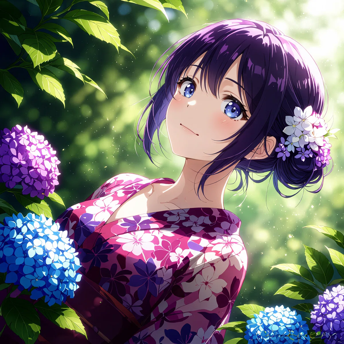 an animated female character with purple hair and blue eyes wearing a red kimono surrounded by a lush green environment and flowers 