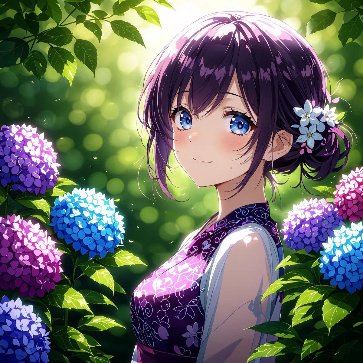 an animated female character with purple hair and blue eyes is surrounded by a lush green environment and flowers