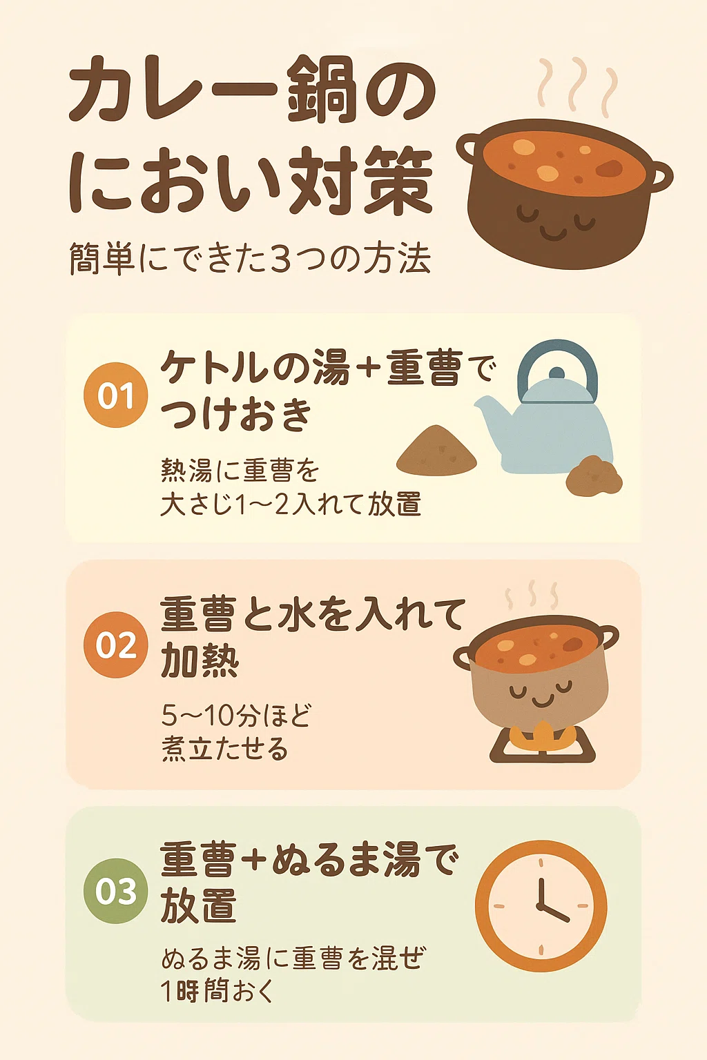 カレー鍋の匂い落とし検証！重曹とお酢・熱湯でどれが一番消える？劇的ビフォーアフター