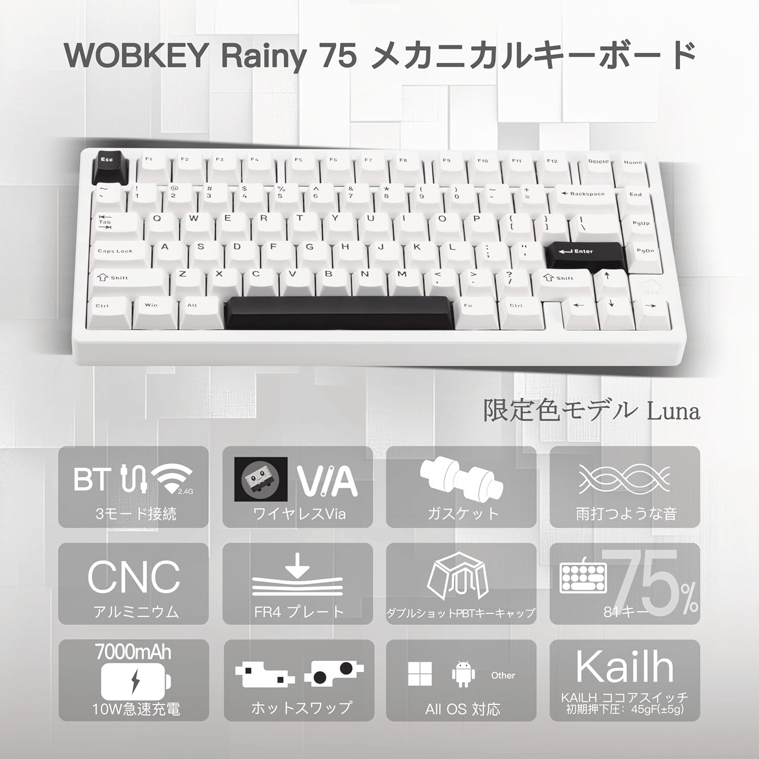 WOBKEY Rainy 75 3WAY接続 雨音打鍵 RGB ホットスワップ (Luna
