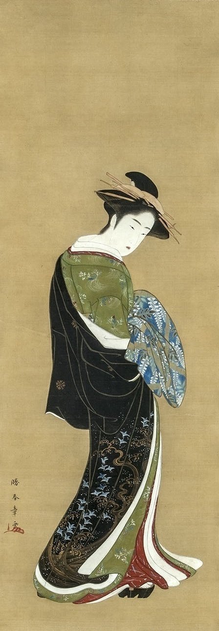 ヴィンテージ 浮世絵師 勝川春章 美人戯猫図 浮世絵 美人画 着物 紙本 掛軸 ヴィンテージ 浮世絵師 勝川春章 美人戯猫図 浮世絵 美人画 着物