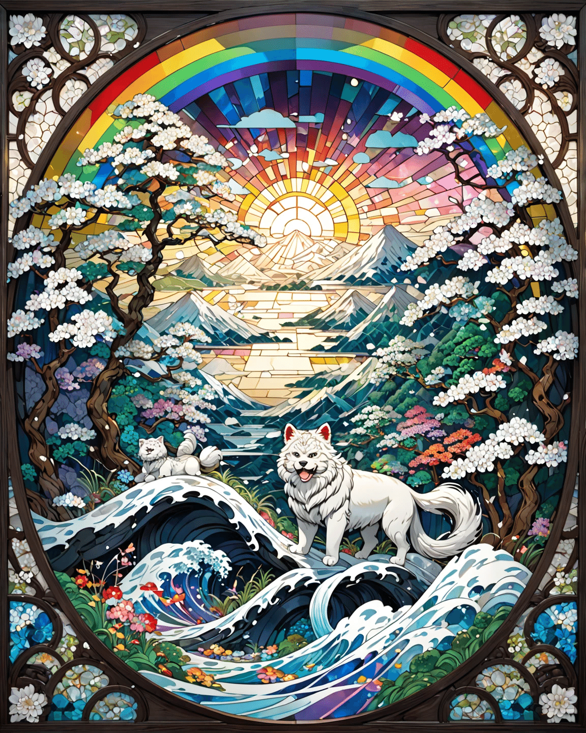 ユニコーンとオークの葉 ヴィンテージ ステンドグラス 創設者作 一角獣 光と祈りの獣たち ― ステンドグラスに宿る神獣の世界｜Azan