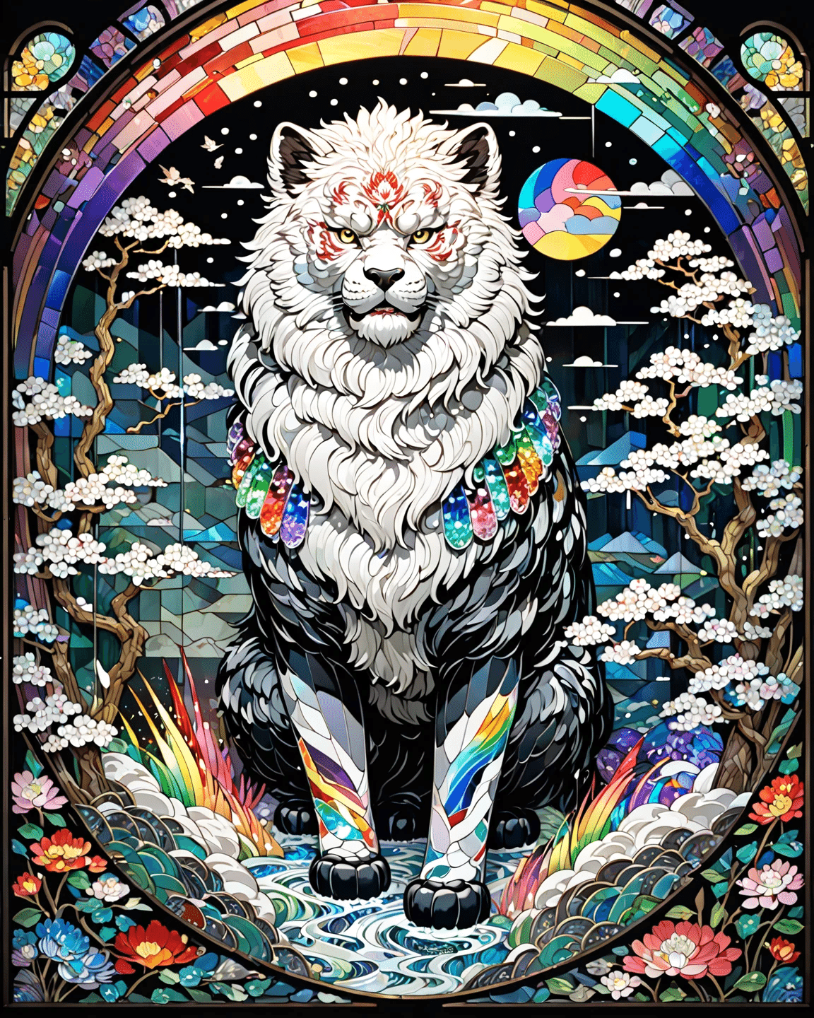 ユニコーンとオークの葉 ヴィンテージ ステンドグラス 創設者作 一角獣 ユニコーン ヴィンテージ ステンドグラス スコットランド 国章 シンボル