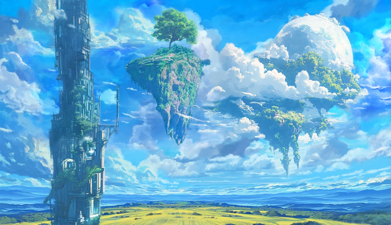 風景画 パステル画 青い屋根の塔 天空島-TENKUUTOU-｜夏晴瑠架（ナツハルカ）