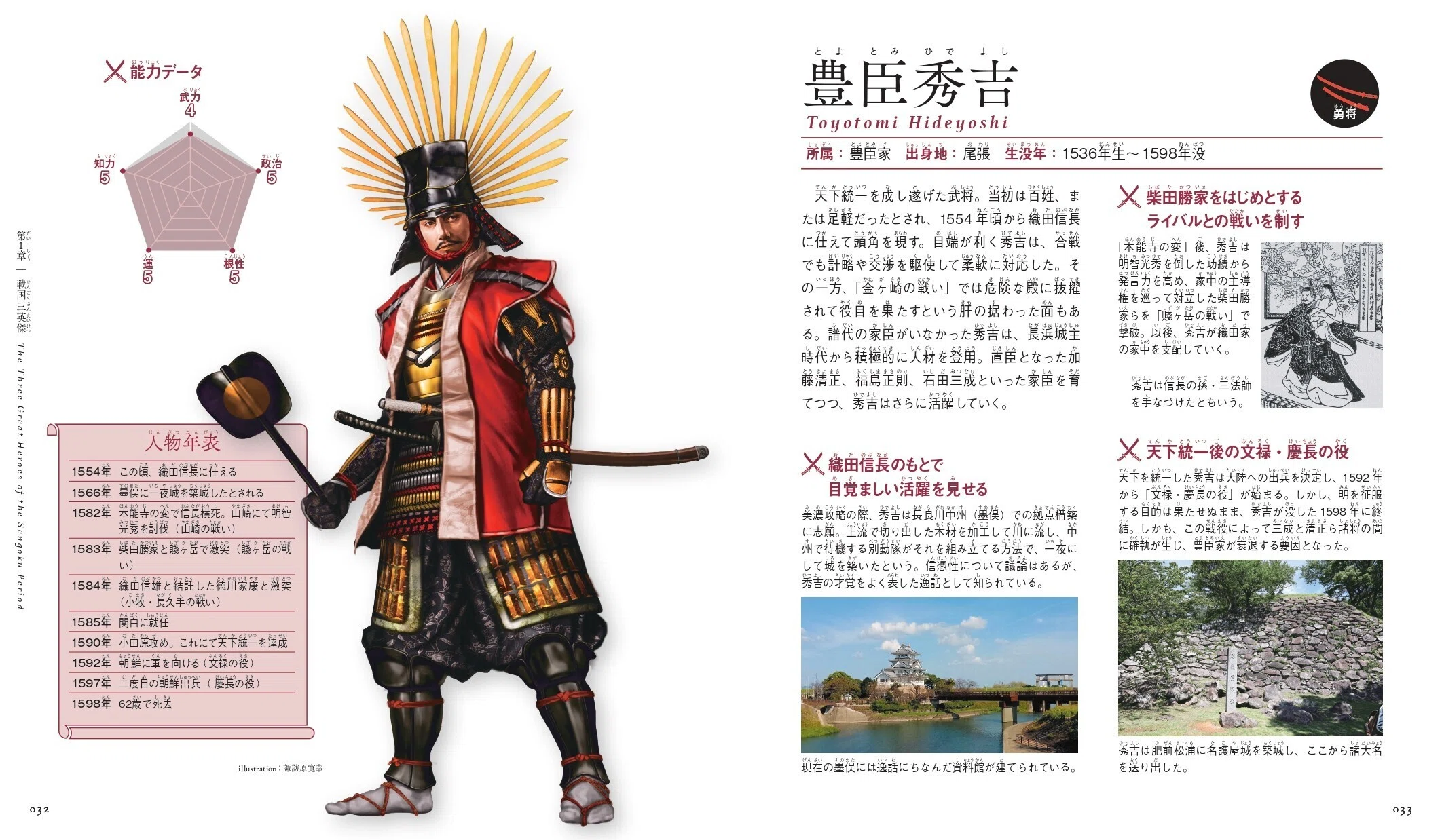 フルカラーイラストで学ぶ戦国武将図鑑、148名の英傑を徹底解説
