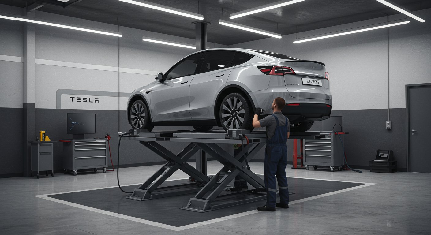 テスラ Model Y のメンテナンスの様子を示すイラスト