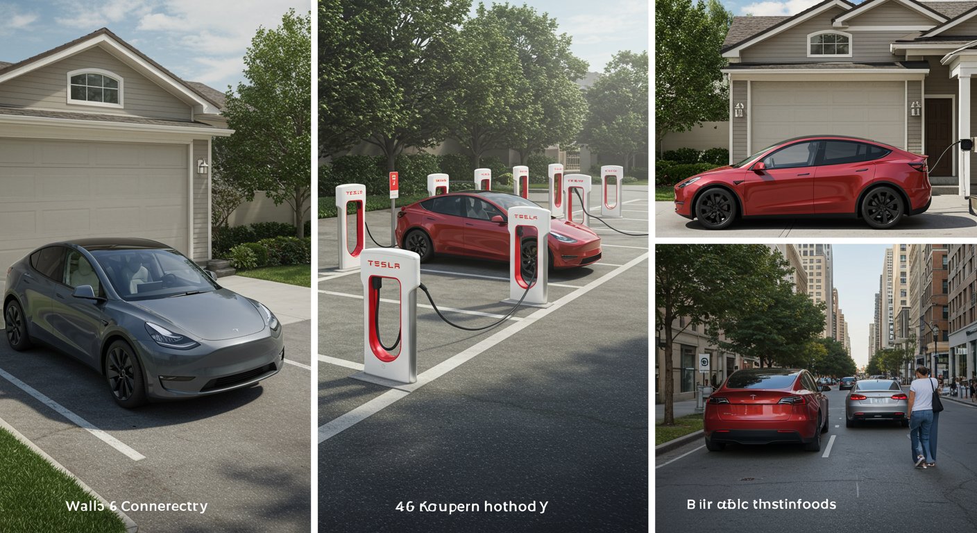 テスラ Model Y の充電方法を示すイラスト
