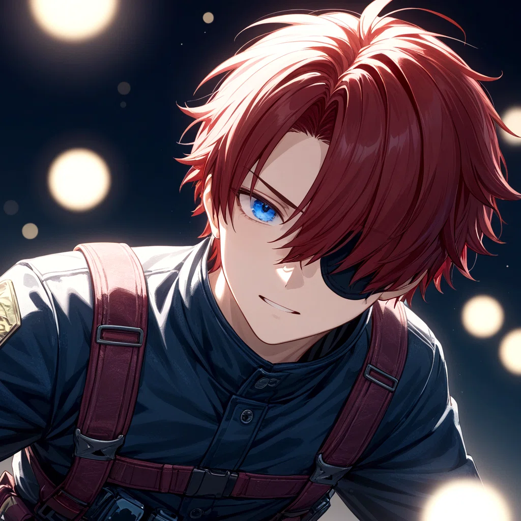 An anime-style illustration generated by the SDXL model, depicting a young man with red hair and blue eyes in a tactical outfit with a high collar. The image has a slightly rough texture with noticeable noise, particularly in the dark background with starry lights, showcasing SDXL's output before refinement, as discussed in the article.