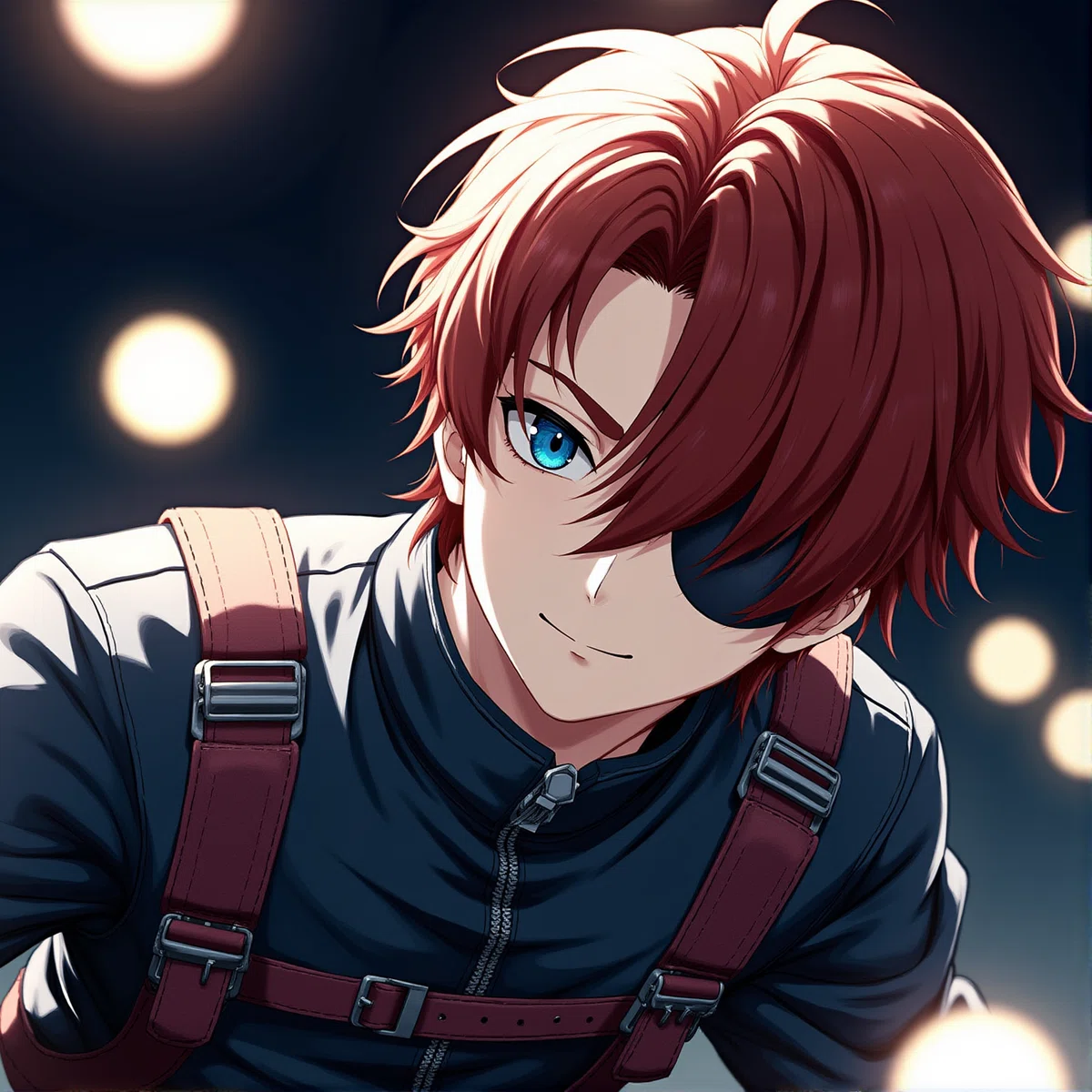 An anime-style illustration refined by the Flux.1 model, showing a young man with vibrant red hair and blue eyes in a sleek tactical outfit. Compared to the SDXL original, the image has enhanced clarity, smoother textures, and reduced noise, with a vivid starry background and glowing bokeh lights, demonstrating Flux.1's image-to-image refinement capabilities as described in the article.