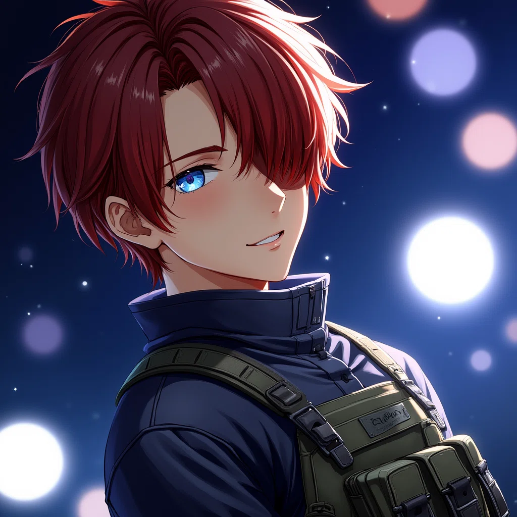 An anime-style illustration featuring a young man with red hair and blue eyes, wearing a tactical outfit with a high collar and a utility vest. He is depicted with a slight smile, looking over his shoulder against a dark, starry night sky with glowing circular lights in the background.
