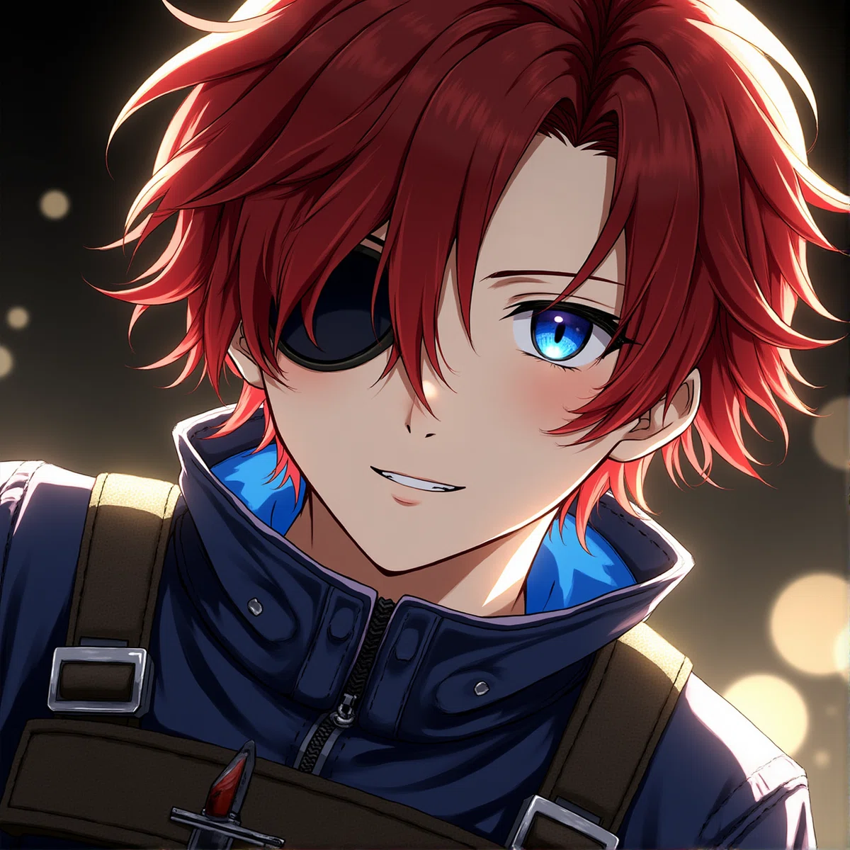An anime-style illustration of a young man with vibrant red hair and a blue eye, wearing an eyepatch over the other eye. He is dressed in a dark tactical jacket with a high collar and a harness with a small dagger attached. The background features a warm, glowing ambiance with soft bokeh lights, creating a striking and adventurous mood.
