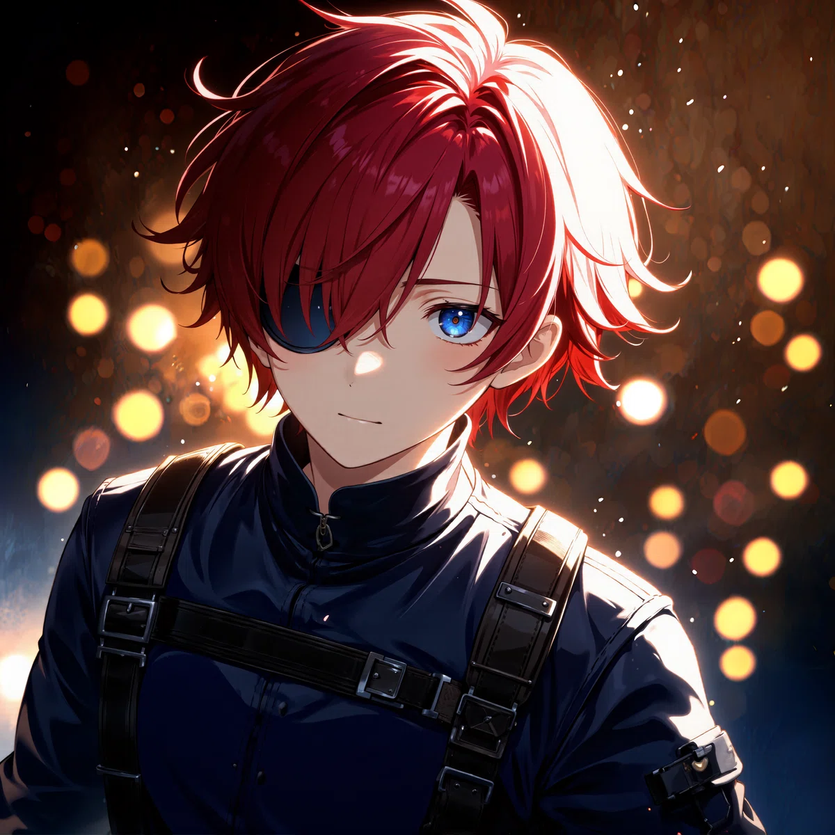 An anime-style illustration of a young man with vibrant red hair and striking blue eyes, wearing a sleek, dark tactical outfit with a high collar and black harness straps. The background features a warm, glowing ambiance with scattered golden bokeh lights, creating a dramatic and dynamic atmosphere.