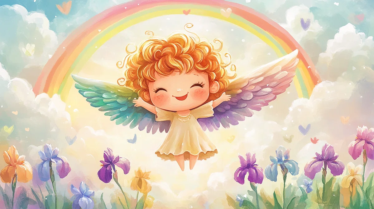 虹の空に羽ばたく、カラフルな羽の天使の子ども。笑顔で両手を広げ、花に囲まれた夢のような風景の中にいる様子。