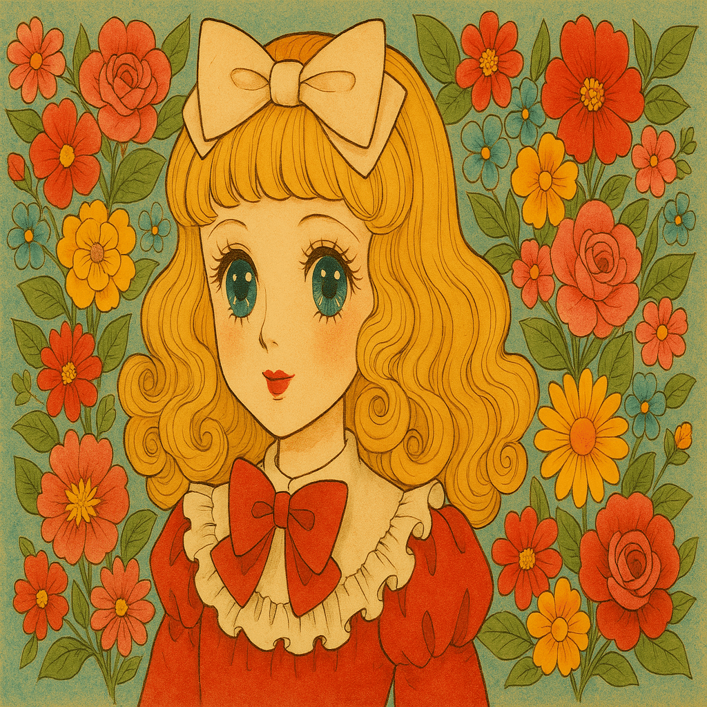 308[生成AI]昭和の少女漫画 フランス人形のような女の子 背景に花