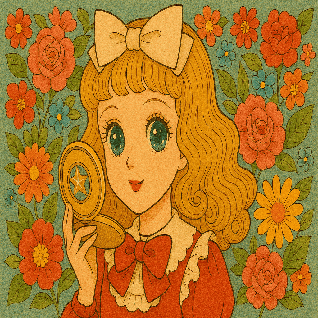 308[生成AI]昭和の少女漫画 フランス人形のような女の子 背景に花