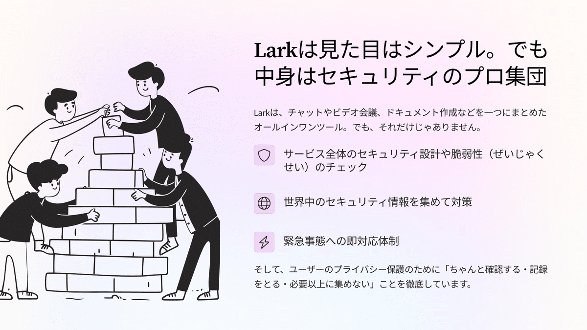 本当に安全なDXツールは？」に答える。Larkのセキュリティ徹底