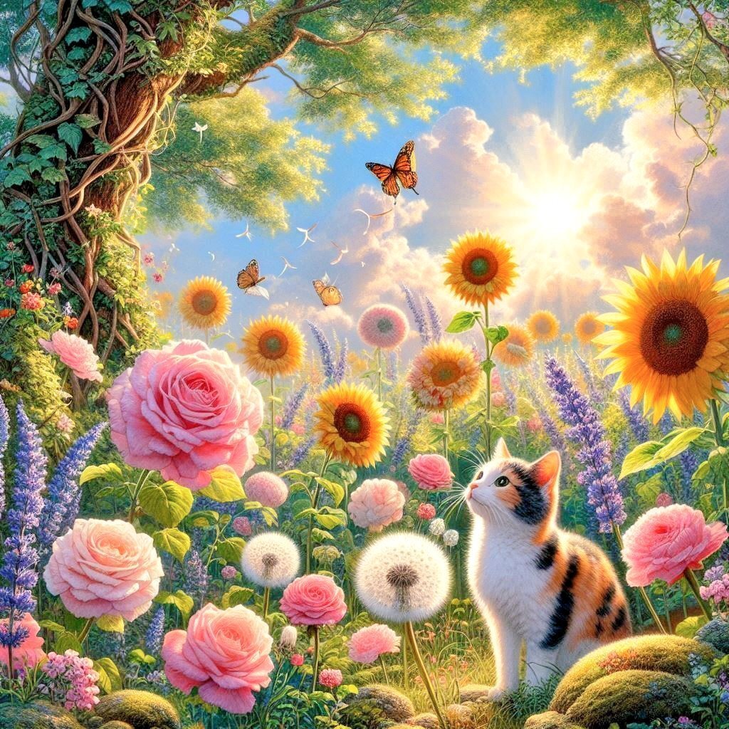 絵画。原画【神秘的な花の基地で、猫ちゃんたちは月を持って未来を楽しみにしている】 癒しをどうぞ(^ω^)_凵｜想依響🔮⚡💫
