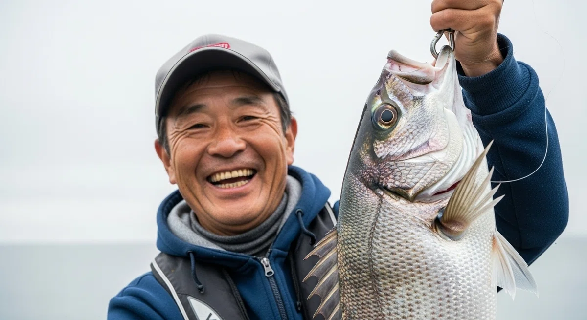 大物を釣り上げた、釣り人の満面の笑み。