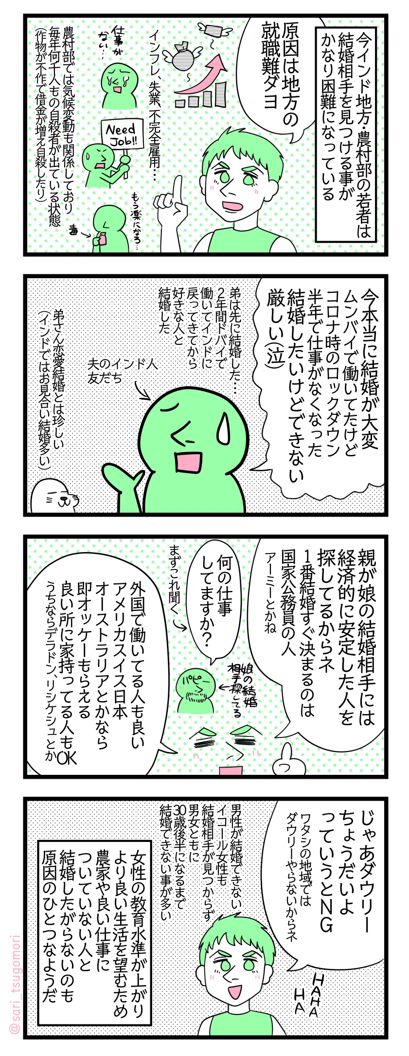4コマ漫画のテキスト
1:インド地方農村部の若者は結婚難民
今インド地方・農村部の若者は結婚相手を見つける事がかなり困難になっている。 夫「原因は地方の就職難ダヨ!」 インフレ、失業、不完全雇用・・・。農村部では気候変動も関係しており毎年何千人もの自殺者が出ている状態(作物が不作で借金が増え自殺したり)
2:コロナの影響もある
夫のインド人友だち「今本当大変。ムンバイで働いてたけどコロナ時のロックダウン半年で仕事がなくなった。結婚したいけどできない、厳しい(泣) (弟は先に結婚した・・・ 2年ドバイで働いて戻ってきて好きな人と結婚した)」 アザラシ「弟さん恋愛結婚とは珍しい(インドではお見合い結婚が多いから)」
3:親が娘の結婚相手に慎重(経済的に苦労して欲しくない)
夫「親が娘の結婚相手に経済的に安定した人を探してるからネ。1番結婚すぐ決まるのは国家公務員の人(アーミーとかね)」 娘の結婚相手探してる父親「何の仕事してますか?」まずこれ聞く 「他だと外国で働いてる人、アメリカスイス日本オーストラリアとかなら即OKもらえる。良い所に家持ってる人もOK。私の地方ならデラドン、リシケシュ」
4:女性の教育水準向上も理由
夫「じゃあダウリーちょうだいよっていうとNG(ワタシの地域ではダウリーやらないからネ HAHAHA)」 男性が結婚できないイコール女性も結婚相手が見つからず男女ともに30歳後半になるまで結婚できない事が多い。女性の教育水準が上がりより良い生活を望むため農家や良い仕事についていない人と結婚したがらないのも原因のひとつなようだ。