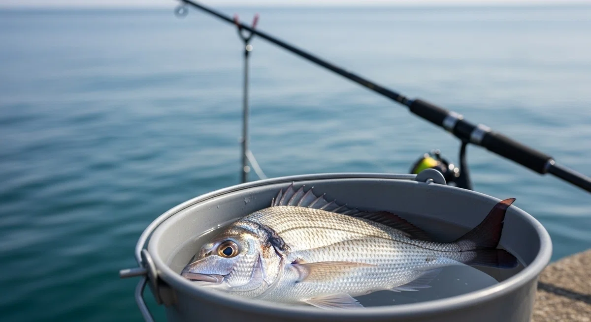 手前に釣果である美しい魚が活かしてあり、背景には海と竿がぼんやりと写っている構図