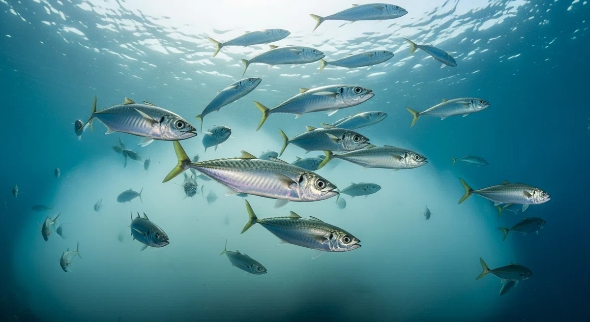 「タナ」と「コマセ」が完璧に機能した結果、魚たちが集まっている海中の様子