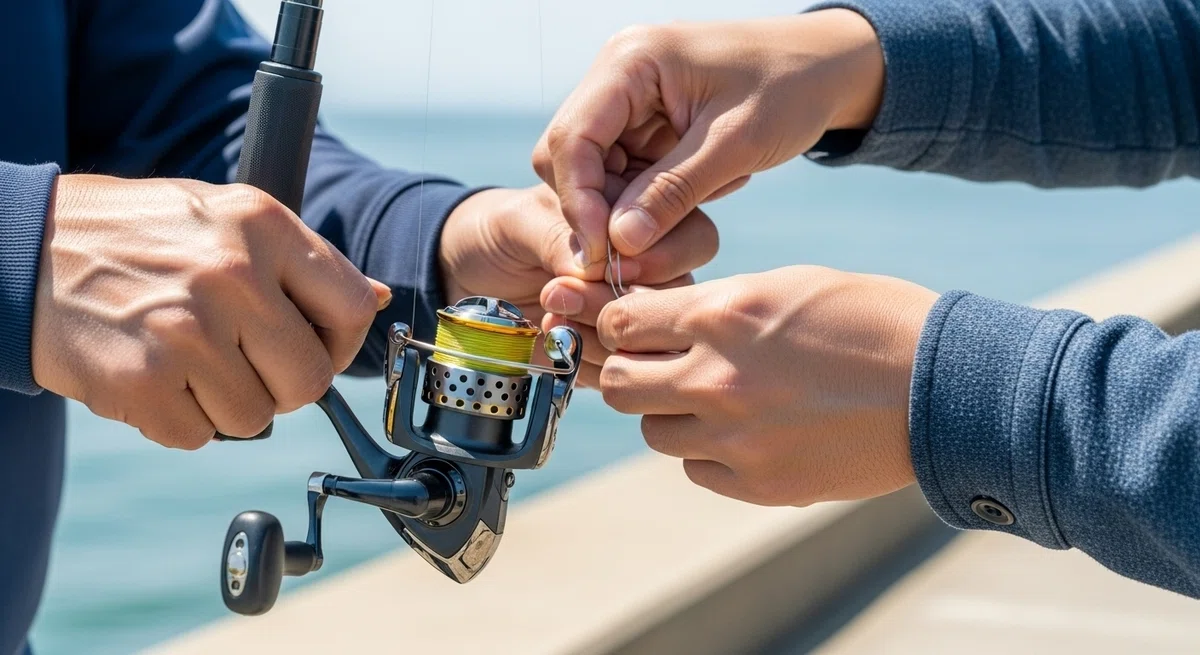 釣り場で初心者が直面する小さなトラブルを、師匠が隣で解決してくれているようなワンシーン。